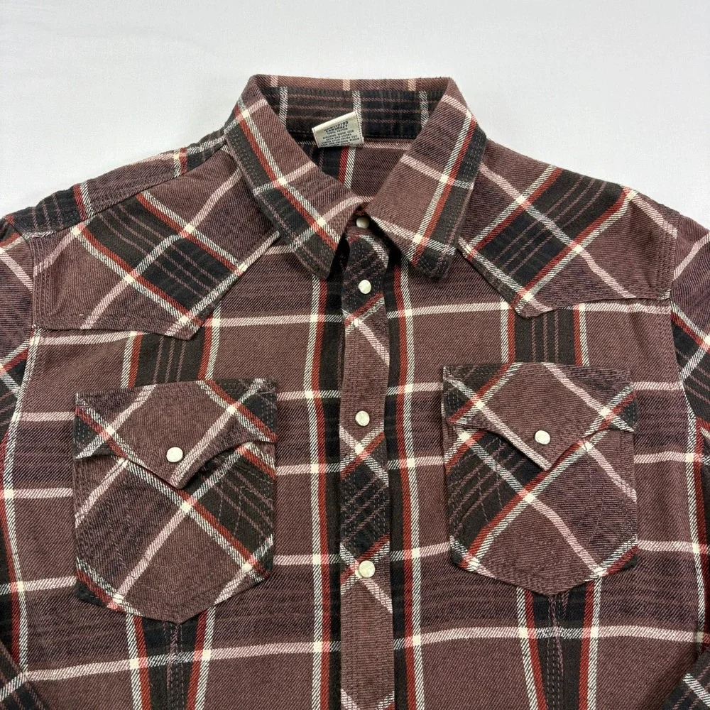 True Religion Flannel Shirt Mens 3XL Brown Plaid Western Pearl Snap Up Pockets